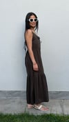 Uzun Dekolte Denim Elbise-Kahve