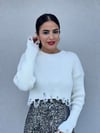 Yırtık Detaylı Crop Kazak BEYAZ