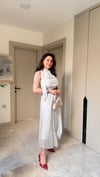 Halter Yaka İnce Kemerli Puantiyeli Elbise- Beyaz