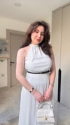 Halter Yaka İnce Kemerli Puantiyeli Elbise- Beyaz