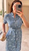 Kuşaklı Denim Tensel  Elbise-Mavi