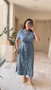 Kuşaklı Denim Tensel  Elbise-Mavi