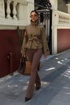 Dik Yaka Kuşaklı Kısa Kadın Trençkot Ceket – Haki