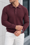 Dokulu Örgü Polo Yaka Erkek Triko Kazak - Bordo Bordo
