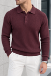 Dokulu Örgü Polo Yaka Erkek Triko Kazak - Bordo Bordo
