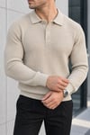 Dokulu Örgü Polo Yaka Erkek Triko Kazak - Bej Bej