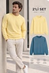 Erkek 2’li Set Bisiklet Yaka Basic Sweatshirt Mavi & Sarı Mavi