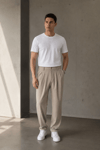 Erkek Bej Baggy Fit Pileli Kumaş Pantolon