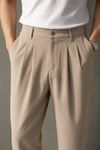 Erkek Bej Baggy Fit Pileli Kumaş Pantolon