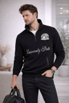 Erkek Dik Yaka Yarım Fermuarlı Baskılı Sweatshirt Siyah