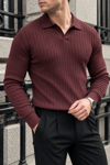 Erkek Fitilli Polo Yaka Uzun Kollu Triko Kazak - Bordo Bordo