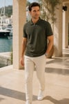 Erkek Haki Relax Fit Fermuarlı Polo Yaka %100 Pamuk Tişört