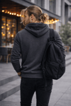 Erkek Kapüşonlu Baskılı Kanguru Cepli 3 İplik Şardonlu Antrasit Sweatshirt
