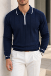 Erkek Kontrast Biye Detaylı Fermuarlı Polo Yaka Triko - Lacivert Lacivert