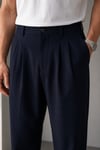 Erkek Lacivert Baggy Fit Pileli Kumaş Pantolon