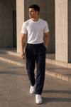 Erkek Lacivert Baggy Fit Pileli Kumaş Pantolon