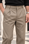 Erkek Likralı Pileli Baggy Fit Pantolon - Bej Bej