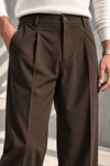 Erkek Likralı Pileli Baggy Fit Pantolon - Kahverengi Kahverengi