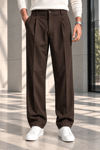 Erkek Likralı Pileli Baggy Fit Pantolon - Kahverengi Kahverengi