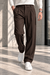 Erkek Likralı Pileli Baggy Fit Pantolon - Kahverengi Kahverengi