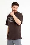 Erkek Oversize Baskılı T-shirt Koyu Kahve