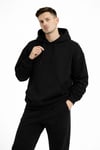 Erkek Oversize Kapüşonlu Kanguru Cepli 3 İplik İçi Polarlı Siyah Sweatshirt