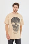 Erkek Parça Boya Baskılı Oversize Basic T-shirt  Bej