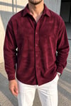Erkek Regular Fit Fitilli Kadife Uzun Kollu Gömlek - Bordo Bordo