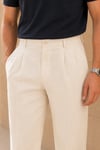 Erkek Regular Fit Keten Dokulu Çift Pileli Yazlık Pantolon - Krem