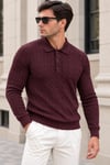 Erkek Saç Örgü Desenli Uzun Kollu Polo Yaka Triko Kazak - Bordo Bordo