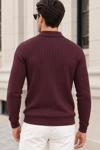 Erkek Saç Örgü Desenli Uzun Kollu Polo Yaka Triko Kazak - Bordo Bordo