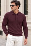 Erkek Saç Örgü Desenli Uzun Kollu Polo Yaka Triko Kazak - Bordo Bordo
