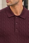Erkek Saç Örgü Desenli Uzun Kollu Polo Yaka Triko Kazak - Bordo Bordo