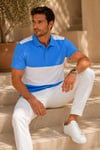 Erkek Saks Mavi Beyaz Blok Renk Polo Yaka T-Shirt