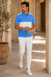 Erkek Saks Mavi Beyaz Blok Renk Polo Yaka T-Shirt