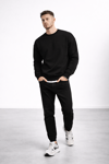 Erkek Siyah 3 İplik Şardonlu Kalın Basic Bisiklet Yaka Oversize Sweatshirt