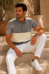 Erkek Taupe Gri Soft Sarı Blok Renk Polo Yaka T-Shirt