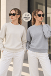 Kadın 2’li Bisiklet Yaka Basic Sweatshirt – Gri / Ekru Gri