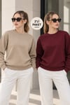 Kadın 2’li Bisiklet Yaka Basic Sweatshirt – Bej / Bordo Bej