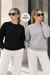 Kadın 2’li Bisiklet Yaka Basic Sweatshirt – Siyah / Gri Siyah