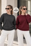 Kadın 2’li Bisiklet Yaka Basic Sweatshirt – Bordo / Antrasit Bordo
