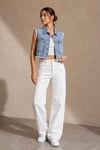 Kadın Açık Mavi Acid Wash Püskül Detaylı Kolsuz Crop Denim Yelek