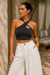 Kadın Antrasit Çapraz Halter Yaka Damla Detaylı Fitilli Crop Top