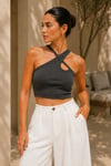 Kadın Antrasit Çapraz Halter Yaka Damla Detaylı Fitilli Crop Top