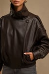 Kadın Asimetrik Kapamalı Dik Yaka Oversize Suni Deri Bomber Ceket - Kahve
