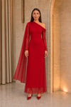 Kadın Asimetrik Yaka Şal Detaylı Astarlı Tül Sandy Kırmızı Maxi Elbise