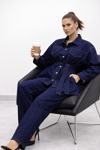 Kadın Belden Kemerli Oversize Denim Ceket Pantolon Takım – Lacivert