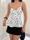 Kadın Beyaz Siyah Puantiyeli İnce Askılı Korse Formlu Peplum Bluz