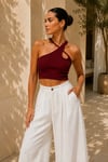 Kadın Bordo Çapraz Halter Yaka Damla Detaylı Fitilli Crop Top