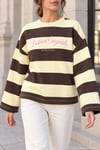 Kadın Çizgili Ön Arka Baskılı Geniş Kol Oversize Sweatshirt - Kahverengi S